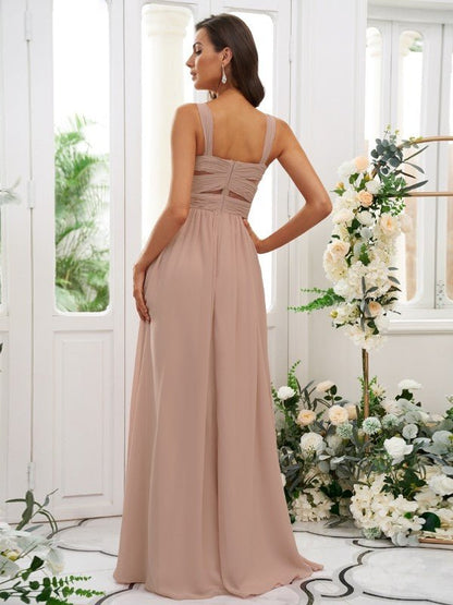 NumberSea - A - Line/Princess Chiffon Ruched Straps Sleeveless Floor - Length Bridesmaid Dresses