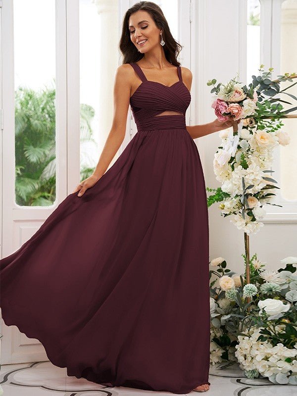 NumberSea - A - Line/Princess Chiffon Ruched Straps Sleeveless Floor - Length Bridesmaid Dresses