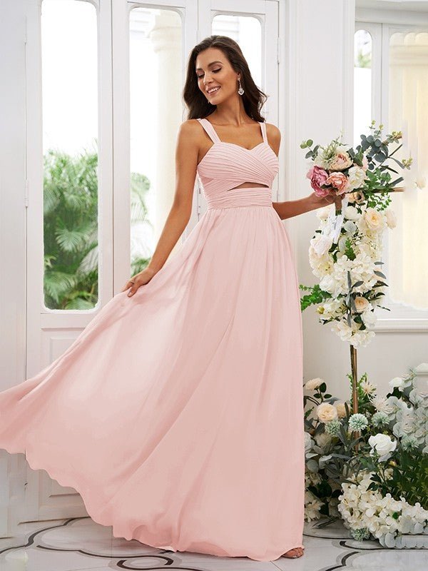 NumberSea - A - Line/Princess Chiffon Ruched Straps Sleeveless Floor - Length Bridesmaid Dresses