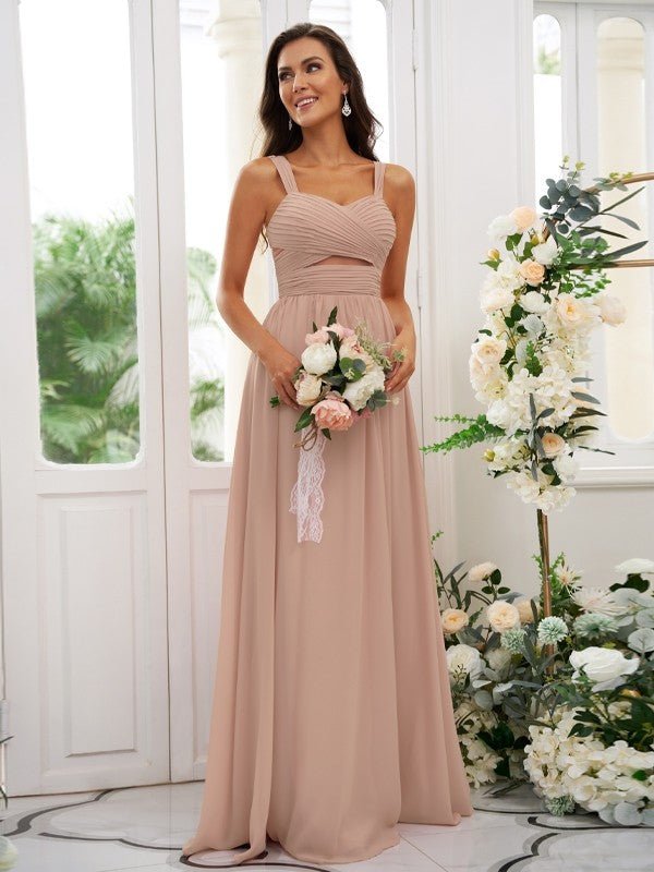 NumberSea - A - Line/Princess Chiffon Ruched Straps Sleeveless Floor - Length Bridesmaid Dresses