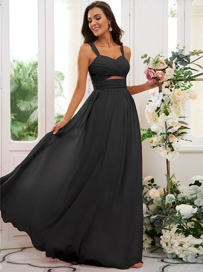 NumberSea - A - Line/Princess Chiffon Ruched Straps Sleeveless Floor - Length Bridesmaid Dresses