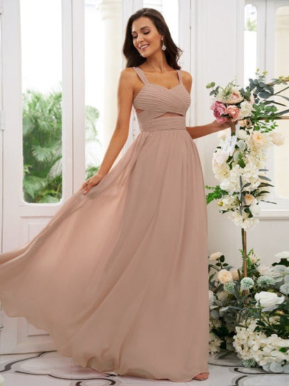 NumberSea - A - Line/Princess Chiffon Ruched Straps Sleeveless Floor - Length Bridesmaid Dresses