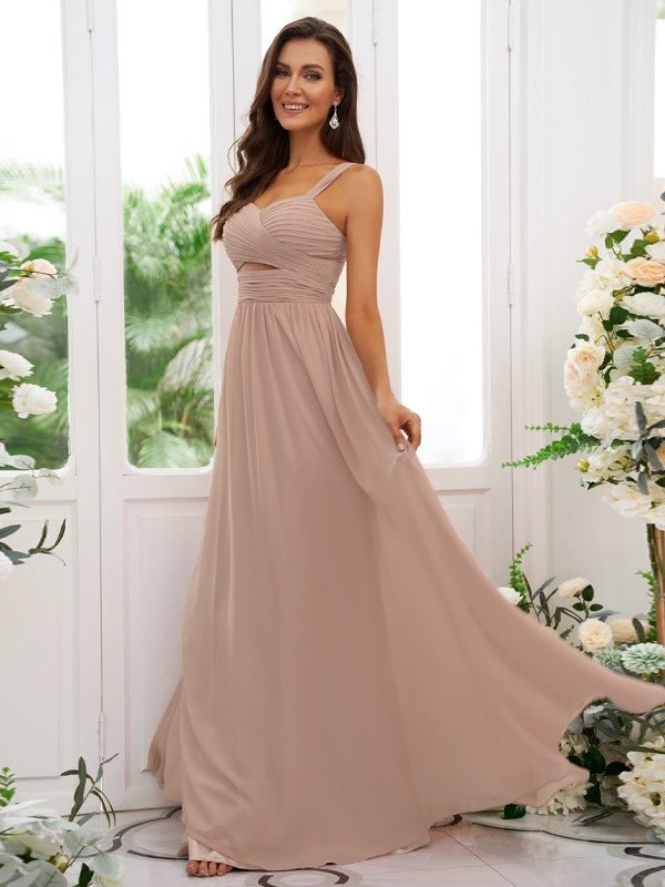 NumberSea - A - Line/Princess Chiffon Ruched Straps Sleeveless Floor - Length Bridesmaid Dresses