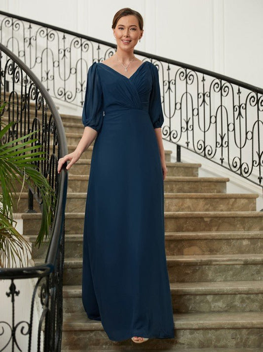 NumberSea - A - Line/Princess Chiffon Ruched V - neck 1/2 Sleeves Floor - Length Mother of the Bride Dresses