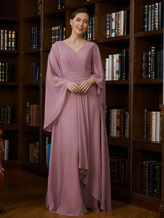 NumberSea - A - Line/Princess Chiffon Ruched V - neck 3/4 Sleeves Floor - Length Mother of the Bride Dresses