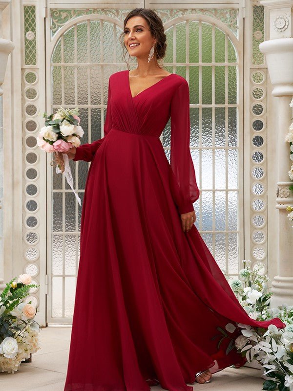 NumberSea - A - Line/Princess Chiffon Ruched V - neck Long Sleeves Floor - Length Bridesmaid Dresses