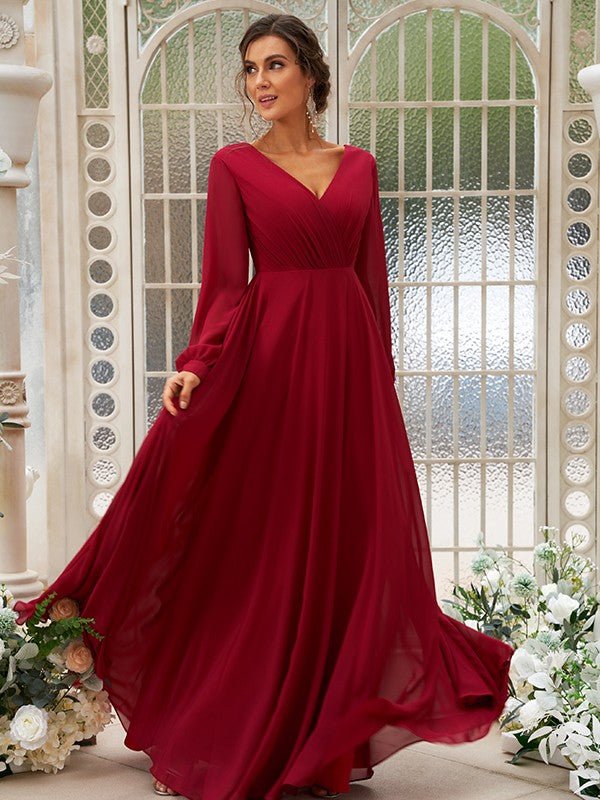 NumberSea - A - Line/Princess Chiffon Ruched V - neck Long Sleeves Floor - Length Bridesmaid Dresses