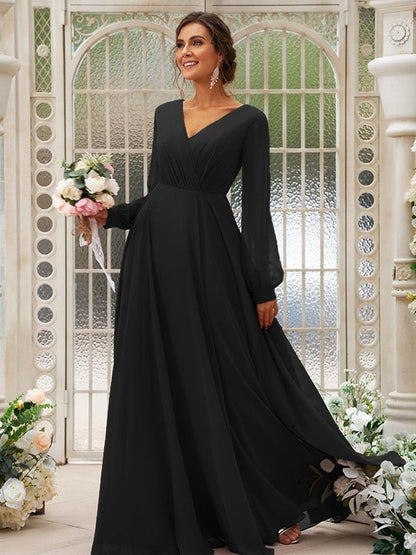 NumberSea - A - Line/Princess Chiffon Ruched V - neck Long Sleeves Floor - Length Bridesmaid Dresses