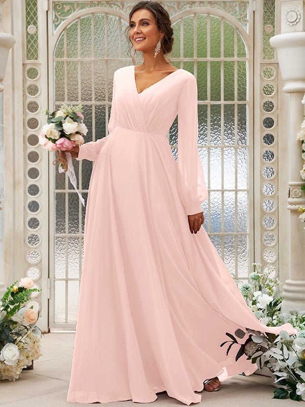 NumberSea - A - Line/Princess Chiffon Ruched V - neck Long Sleeves Floor - Length Bridesmaid Dresses