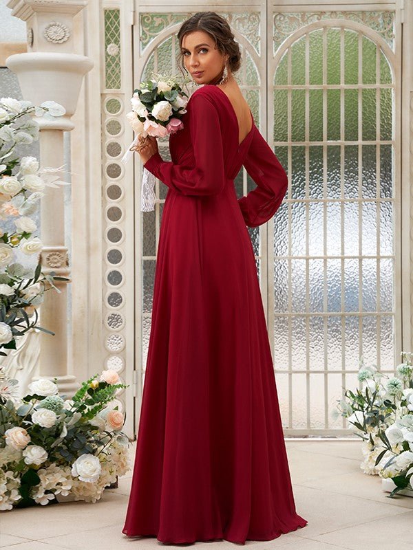 NumberSea - A - Line/Princess Chiffon Ruched V - neck Long Sleeves Floor - Length Bridesmaid Dresses