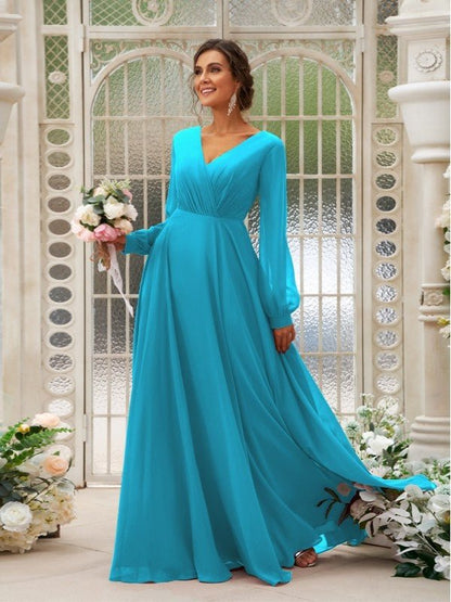 NumberSea - A - Line/Princess Chiffon Ruched V - neck Long Sleeves Floor - Length Bridesmaid Dresses