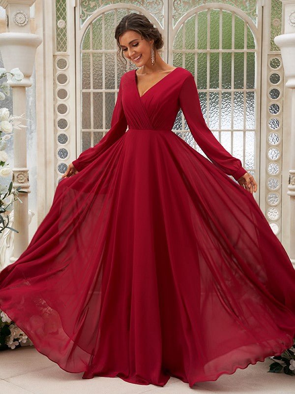 NumberSea - A - Line/Princess Chiffon Ruched V - neck Long Sleeves Floor - Length Bridesmaid Dresses