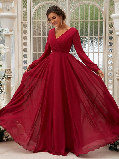 NumberSea - A - Line/Princess Chiffon Ruched V - neck Long Sleeves Floor - Length Bridesmaid Dresses