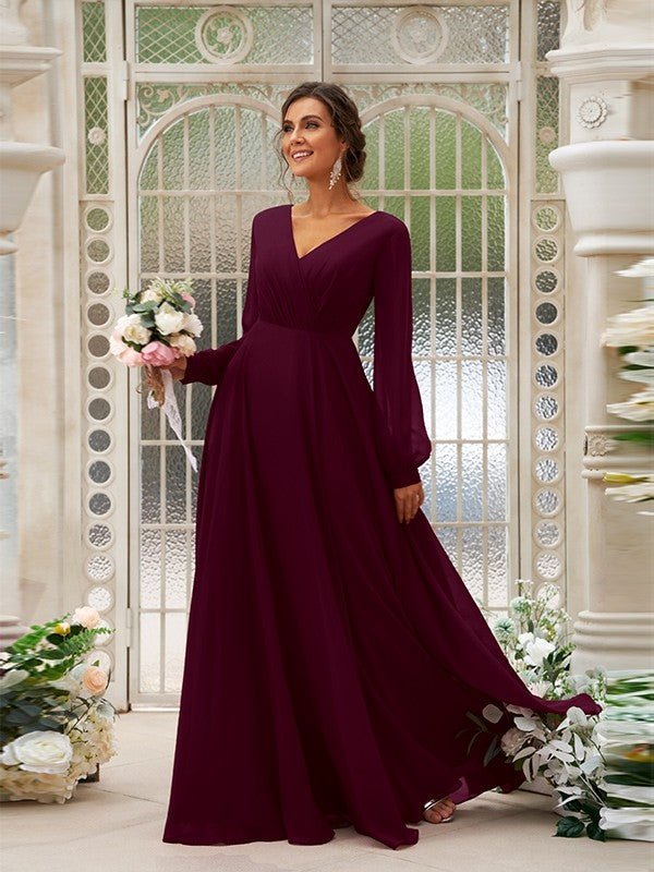 NumberSea - A - Line/Princess Chiffon Ruched V - neck Long Sleeves Floor - Length Bridesmaid Dresses