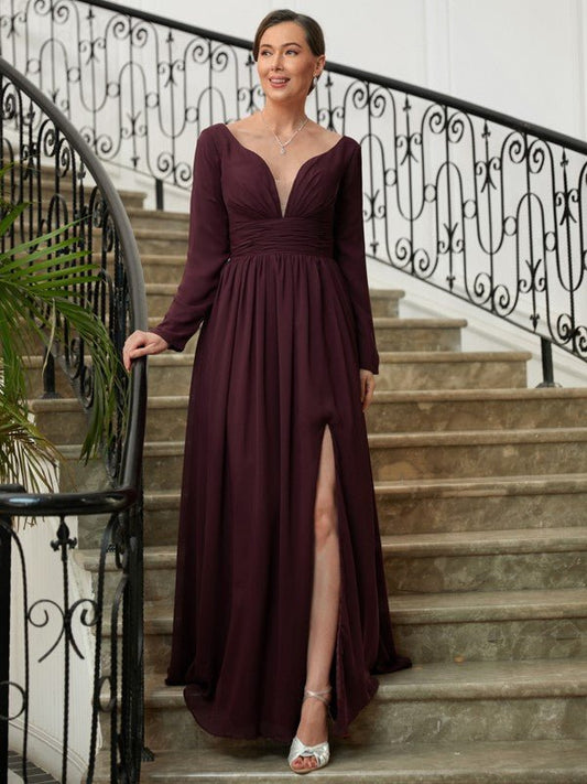 NumberSea - A - Line/Princess Chiffon Ruched V - neck Long Sleeves Floor - Length Mother of the Bride Dresses