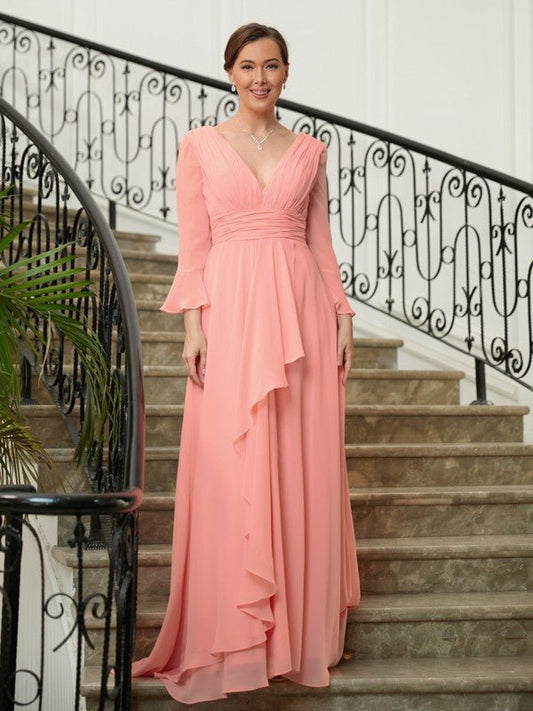 NumberSea - A - Line/Princess Chiffon Ruched V - neck Long Sleeves Sweep/Brush Train Mother of the Bride Dresses