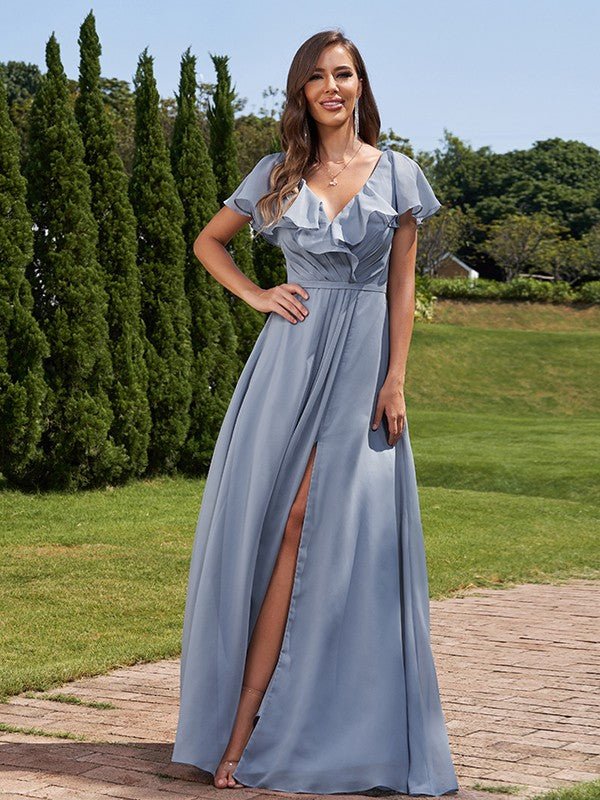 NumberSea - A - Line/Princess Chiffon Ruched V - Neck Short Sleeves Floor - Length Bridesmaid Dresses