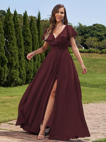 NumberSea - A - Line/Princess Chiffon Ruched V - Neck Short Sleeves Floor - Length Bridesmaid Dresses