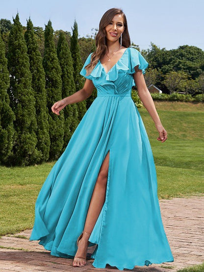 NumberSea - A - Line/Princess Chiffon Ruched V - Neck Short Sleeves Floor - Length Bridesmaid Dresses