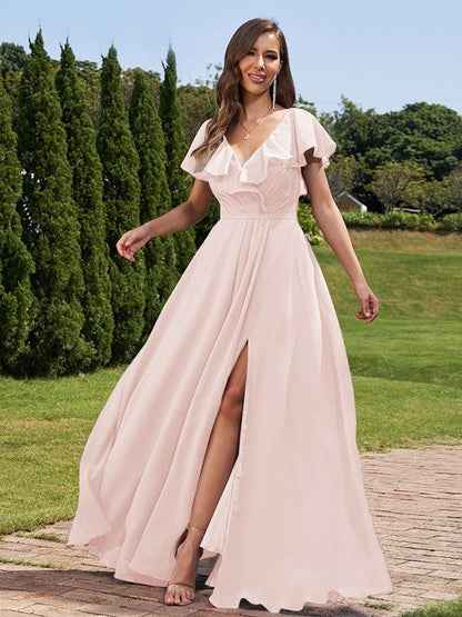 NumberSea - A - Line/Princess Chiffon Ruched V - Neck Short Sleeves Floor - Length Bridesmaid Dresses