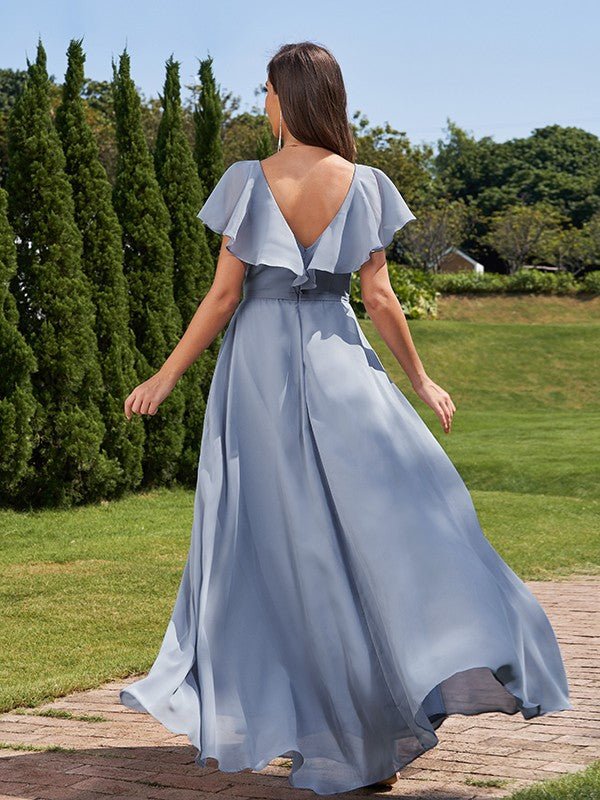 NumberSea - A - Line/Princess Chiffon Ruched V - Neck Short Sleeves Floor - Length Bridesmaid Dresses