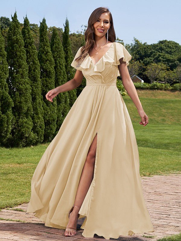 NumberSea - A - Line/Princess Chiffon Ruched V - Neck Short Sleeves Floor - Length Bridesmaid Dresses