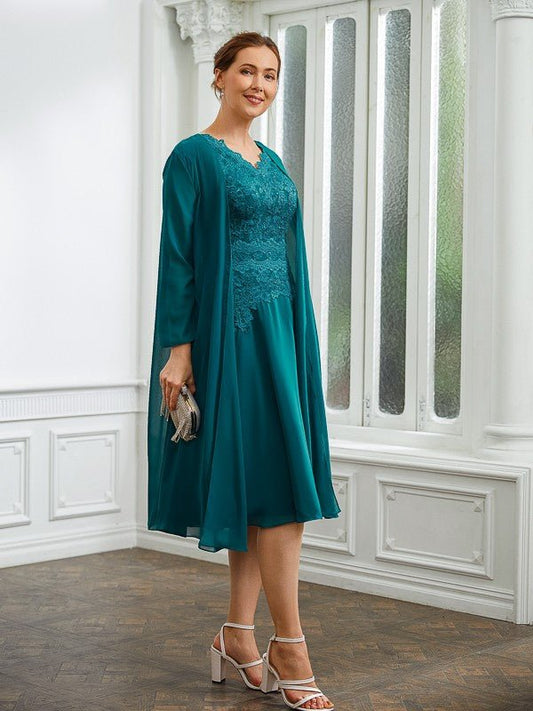 NumberSea - A - Line/Princess Chiffon Ruched V - neck Short Sleeves Knee - Length Mother of the Bride Dresses