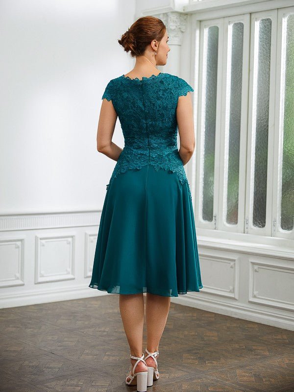 NumberSea - A - Line/Princess Chiffon Ruched V - neck Short Sleeves Knee - Length Mother of the Bride Dresses