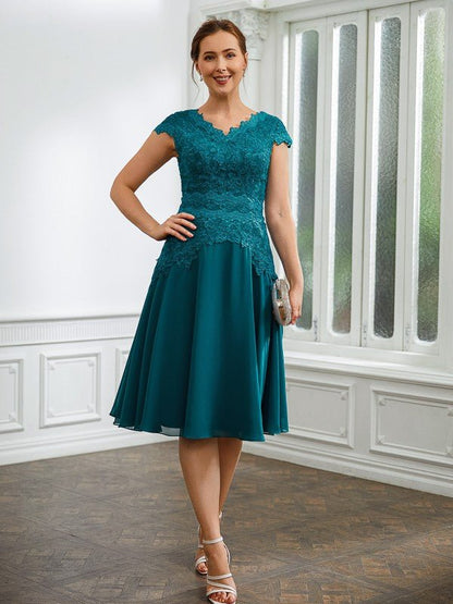 NumberSea - A - Line/Princess Chiffon Ruched V - neck Short Sleeves Knee - Length Mother of the Bride Dresses