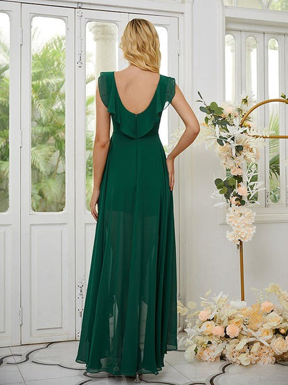 NumberSea - A - Line/Princess Chiffon Ruched V - neck Sleeveless Asymmetrical Bridesmaid Dresses