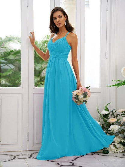 NumberSea - A - Line/Princess Chiffon Ruched V - neck Sleeveless Floor - Length Bridesmaid Dresses