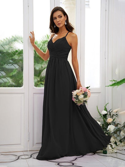 NumberSea - A - Line/Princess Chiffon Ruched V - neck Sleeveless Floor - Length Bridesmaid Dresses