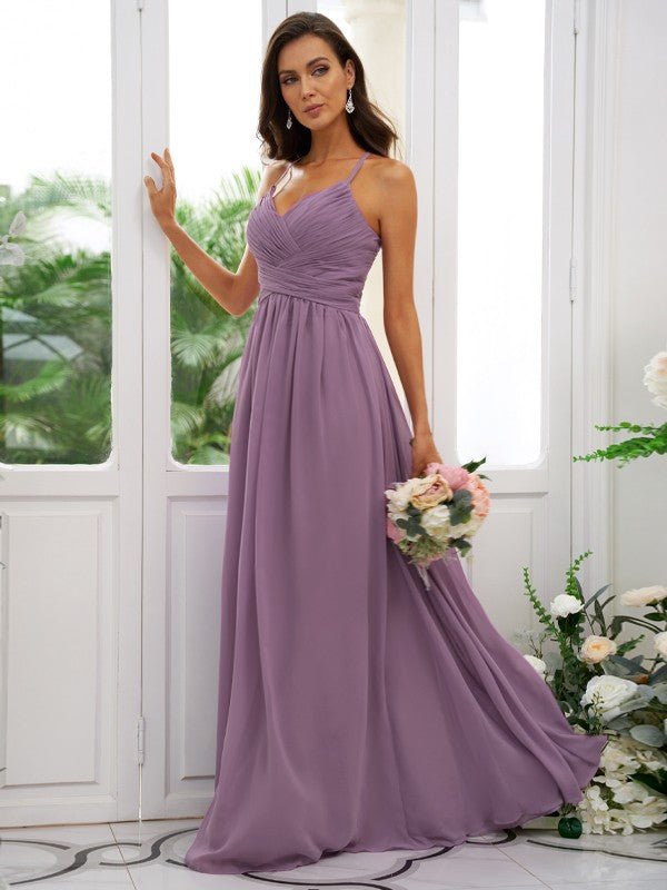 NumberSea - A - Line/Princess Chiffon Ruched V - neck Sleeveless Floor - Length Bridesmaid Dresses