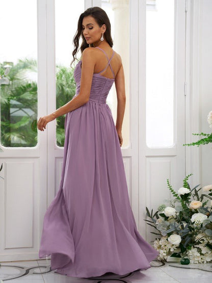 NumberSea - A - Line/Princess Chiffon Ruched V - neck Sleeveless Floor - Length Bridesmaid Dresses