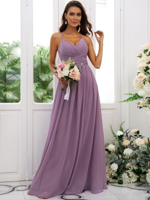 NumberSea - A - Line/Princess Chiffon Ruched V - neck Sleeveless Floor - Length Bridesmaid Dresses