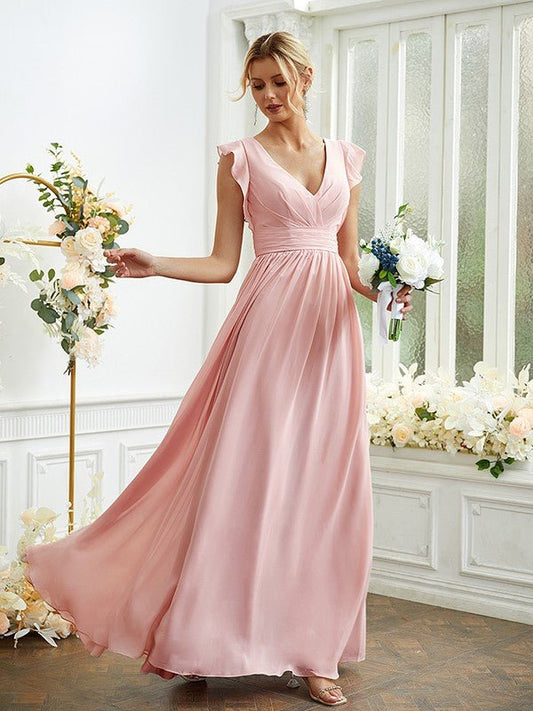 NumberSea - A - Line/Princess Chiffon Ruched V - neck Sleeveless Floor - Length Bridesmaid Dresses