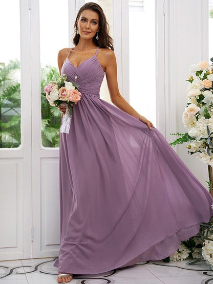 NumberSea - A - Line/Princess Chiffon Ruched V - neck Sleeveless Floor - Length Bridesmaid Dresses