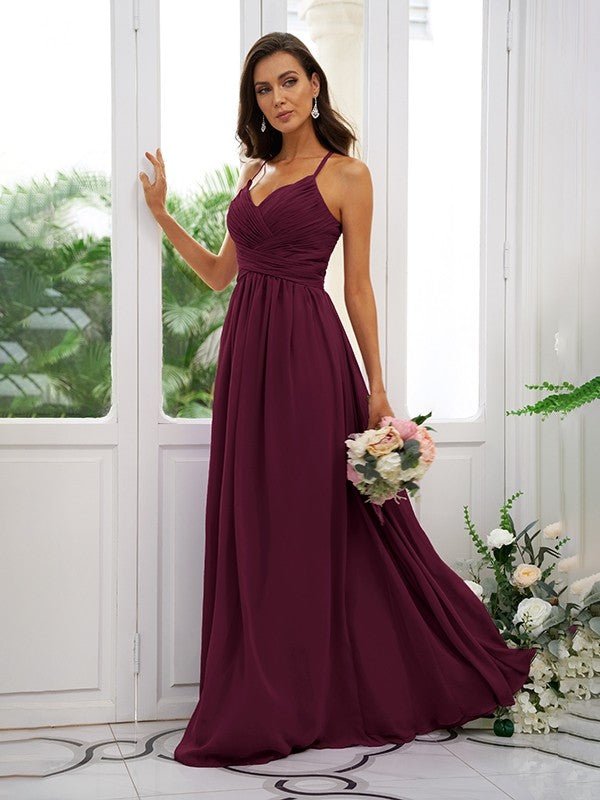 NumberSea - A - Line/Princess Chiffon Ruched V - neck Sleeveless Floor - Length Bridesmaid Dresses