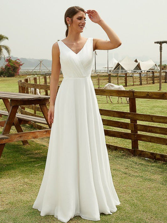 NumberSea - A - Line/Princess Chiffon Ruched V - neck Sleeveless Floor - Length Wedding Dresses