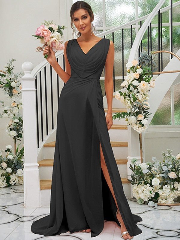 NumberSea - A - Line/Princess Chiffon Ruched V - neck Sleeveless Sweep/Brush Train Bridesmaid Dresses