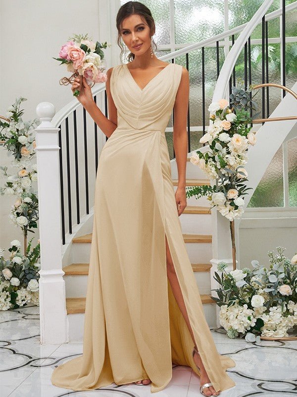 NumberSea - A - Line/Princess Chiffon Ruched V - neck Sleeveless Sweep/Brush Train Bridesmaid Dresses