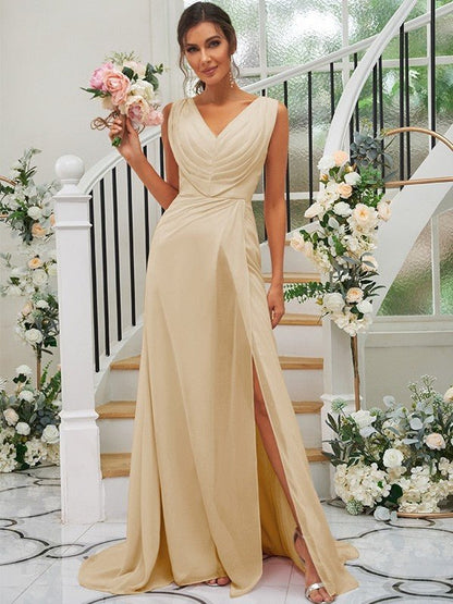 NumberSea - A - Line/Princess Chiffon Ruched V - neck Sleeveless Sweep/Brush Train Bridesmaid Dresses