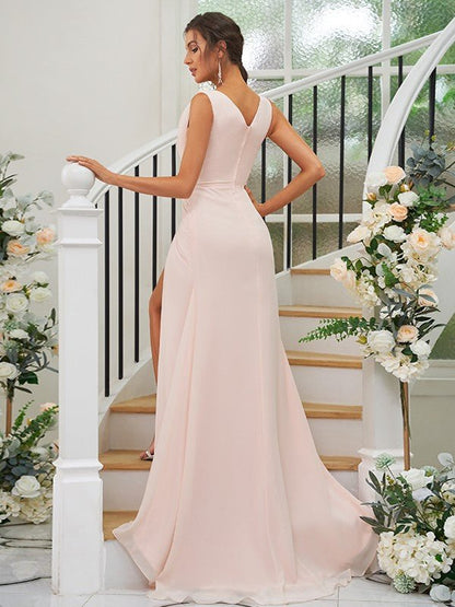 NumberSea - A - Line/Princess Chiffon Ruched V - neck Sleeveless Sweep/Brush Train Bridesmaid Dresses