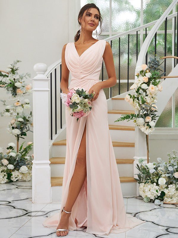 NumberSea - A - Line/Princess Chiffon Ruched V - neck Sleeveless Sweep/Brush Train Bridesmaid Dresses