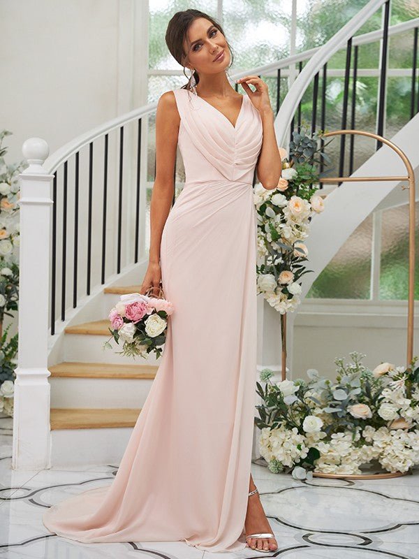 NumberSea - A - Line/Princess Chiffon Ruched V - neck Sleeveless Sweep/Brush Train Bridesmaid Dresses