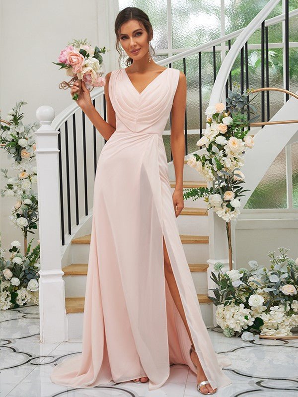 NumberSea - A - Line/Princess Chiffon Ruched V - neck Sleeveless Sweep/Brush Train Bridesmaid Dresses