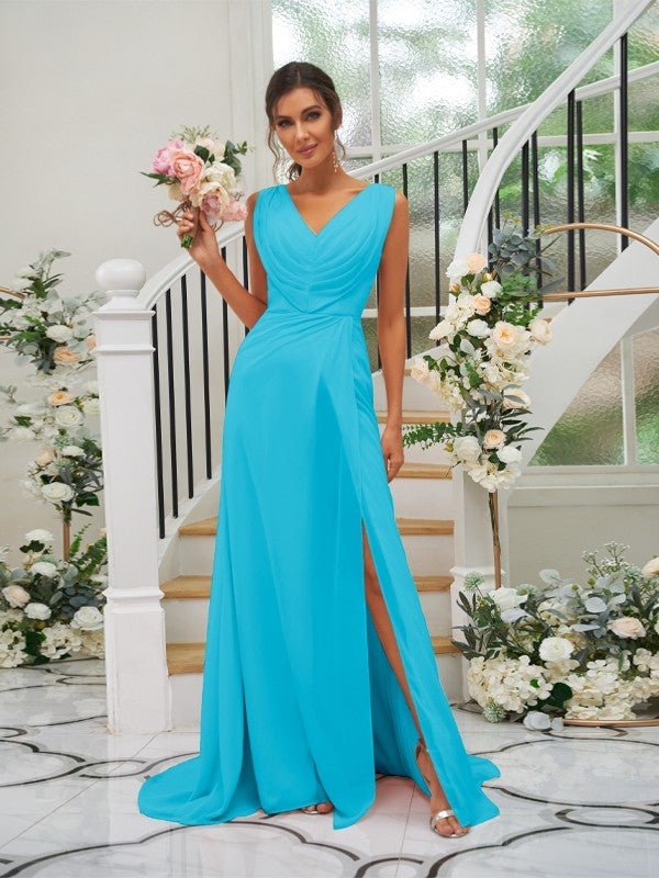 NumberSea - A - Line/Princess Chiffon Ruched V - neck Sleeveless Sweep/Brush Train Bridesmaid Dresses