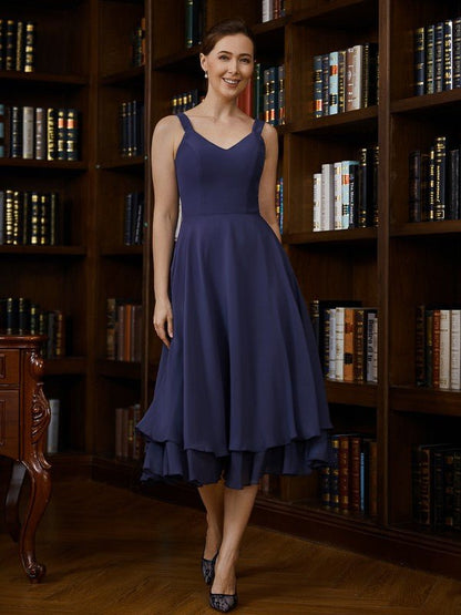 NumberSea - A - Line/Princess Chiffon Ruched V - neck Sleeveless Tea - Length Mother of the Bride Dresses