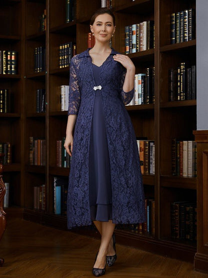 NumberSea - A - Line/Princess Chiffon Ruched V - neck Sleeveless Tea - Length Mother of the Bride Dresses