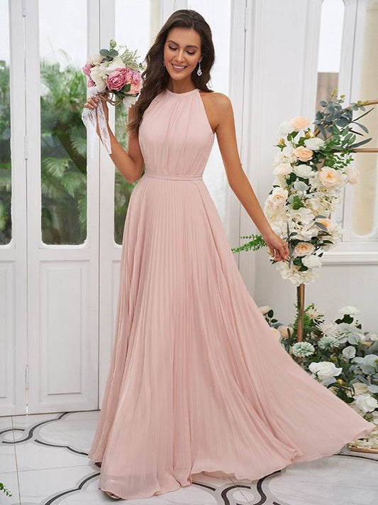 NumberSea - A - Line/Princess Chiffon Ruffles Halter Sleeveless Floor - Length Bridesmaid Dresses